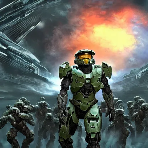 Image similar to digital art, trending on artstation, the master chief of halo fighting an army of aliens in hell.