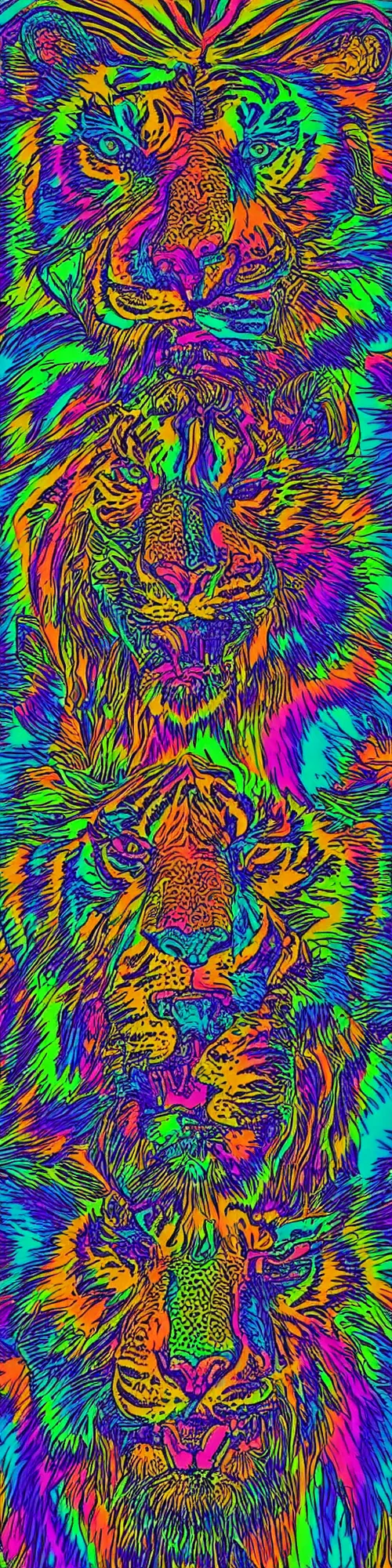 Image similar to tiger lion and bear dissolving into neon pieces, cubensis, aztec, basil wolverton, r crumb, hr giger, mc escher, dali, muted colors, muted rainbow tubing, folds and creases, hills and bumps