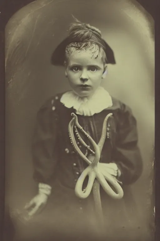 Image similar to wet plate photograph portrait of victorian child with an octopus head, dressed in a victorian - era clothing, dramatic lighting, highly detailed, smooth, sharp focus