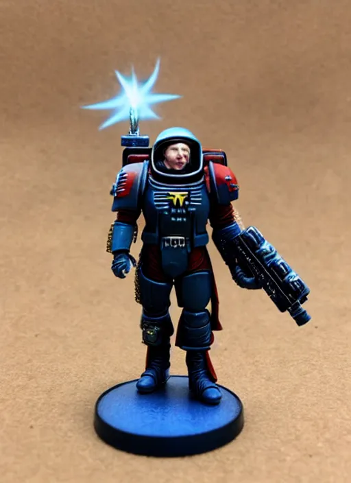 Image similar to 8 0 mm resin detailed miniature of elon musk as a warhammer 4 0 k space marine, product introduction photos, 4 k, full body,