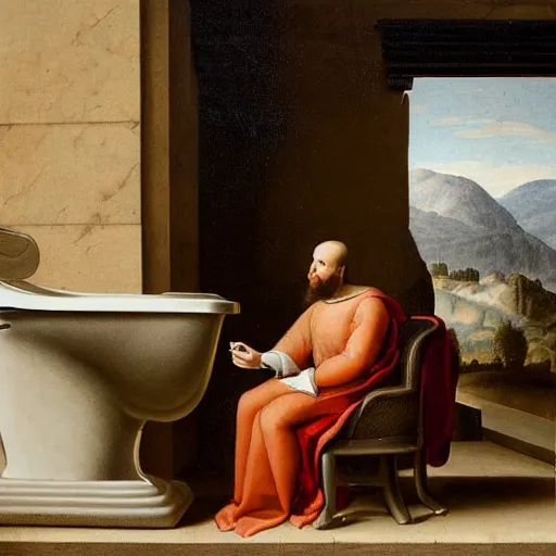 Image similar to a thoughtful wealthy young man sitting on a toilet attentively staring and scrolling on his smartphone, distant thoughtful look, bathrom renaissance scene