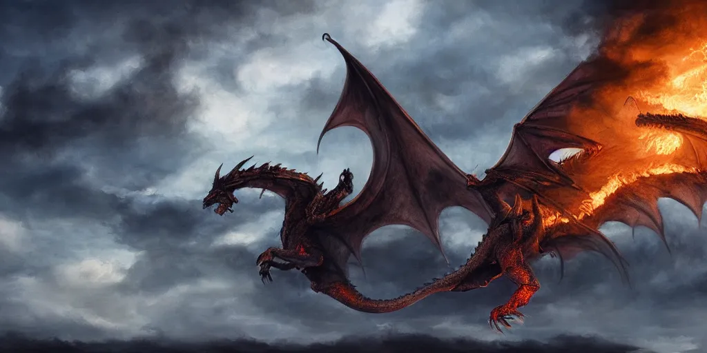 Image similar to the entry into Valhalla fire breathing dragon, cinematic, 4k ,35mm, photorealism, clouds, painting