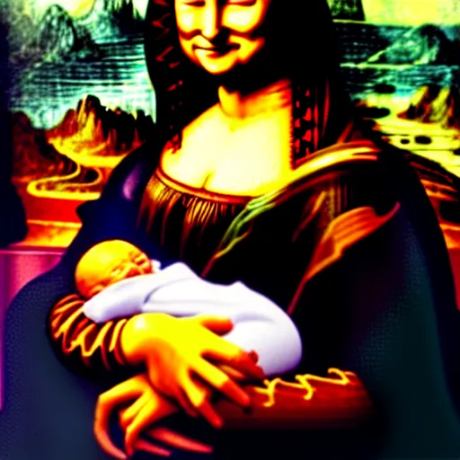 Image similar to Mona Lisa holding Baby Yoda, in the style of Leonardo da Vinci