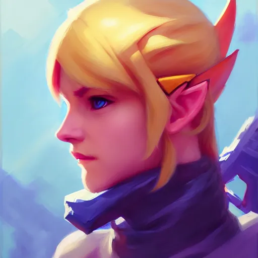 Image similar to portrait of a female Link from legend of Zelda, medium shot, asymmetrical, profile picture, Organic Painting, sunny day, Matte Painting, bold shapes, hard edges, street art, trending on artstation, by Greg Manchess and Huang Guangjian and Gil Elvgren and Sachin Teng