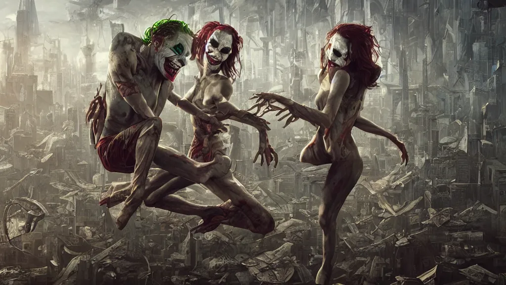 Prompt: realistic wide angle photo,of the Joker dancing with Harley Queen, Moebius and Giger, greg rutkowski, very coherent, cinematic, hyper realism, high detail, vivid colors, octane render, unreal engine, 8k, Smooth gradients, High contrast, depth of field by Jacek Yerka