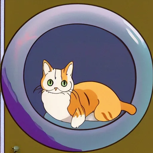 Image similar to a cat stares out of a circular bubble window, 1 9 9 0 s anime, animation cel, kawaii, soft glow, studio ghibli, grainy