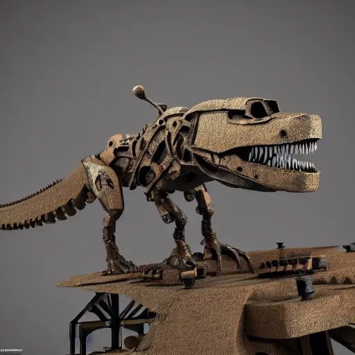 Prompt: a t-rex with rusty metal gears place on its articulations, the gears match the articulation, octane render, 3D