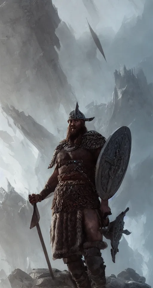 Prompt: the viking stands triumphantly as he enters the gates of valhalla. highly detailed, digital painting, artstation, smooth, sharp focus, illustration, unreal engine 5, 8 k, art by ruan jia and jakub rebelka