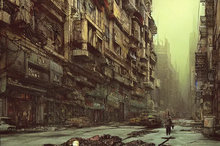 Prompt: detailed ultra - realistic graphic novel illustration of cyberpunk postapocalyptic baroque budapest street by edward hopper, cinematic, full shot, ian miller, wayne barlowe, beksinski, giger, greg rutkowski