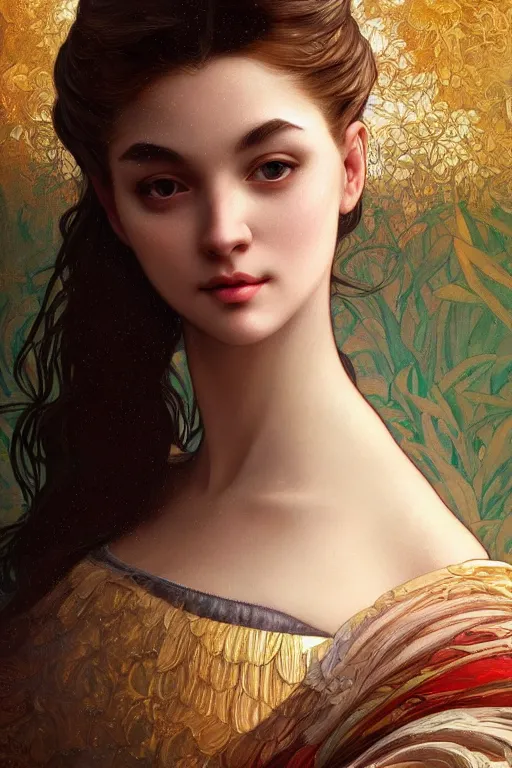 Image similar to beautiful portrait of a woman, not mona lisa pose, intricate, elegant, highly detailed, digital painting, artstation, concept art, smooth, sharp focus, illustration, art by lisa frank and jim lee character portrait artgerm and greg rutkowski and alphonse mucha