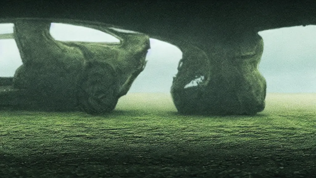 Prompt: the strange creature waits by the car, made of Chlorophyll and blood, film still from the movie directed by Denis Villeneuve with art direction by Salvador Dalí, wide lens