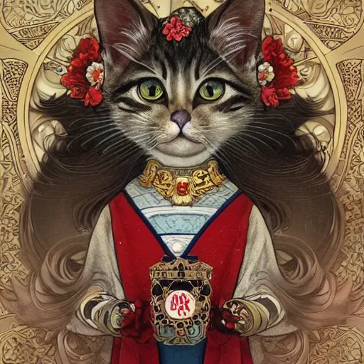 Image similar to A heraldic queen kitty cat with big cute eyes and her paw raised like a japanese maneki-neko and flowers around, D&D, fantasy, intricate, cinematic lighting, highly detailed, digital painting, artstation, concept art, smooth, sharp focus, illustration, art by Akihiko Yoshida, Greg Rutkowski and Alphonse Mucha