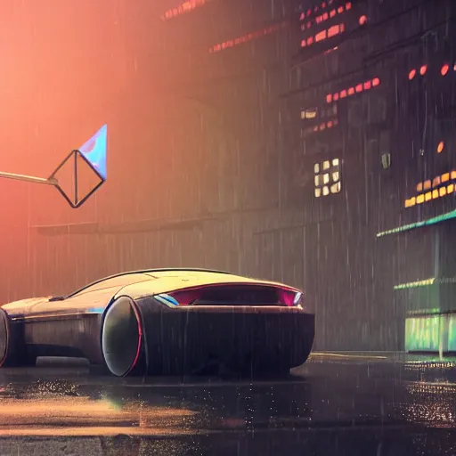 Image similar to a picture of a car in the rain, cyberpunk art by fyodor vasilyev, zbrush central contest winner, cubo - futurism, synthwave, darksynth, retrowave