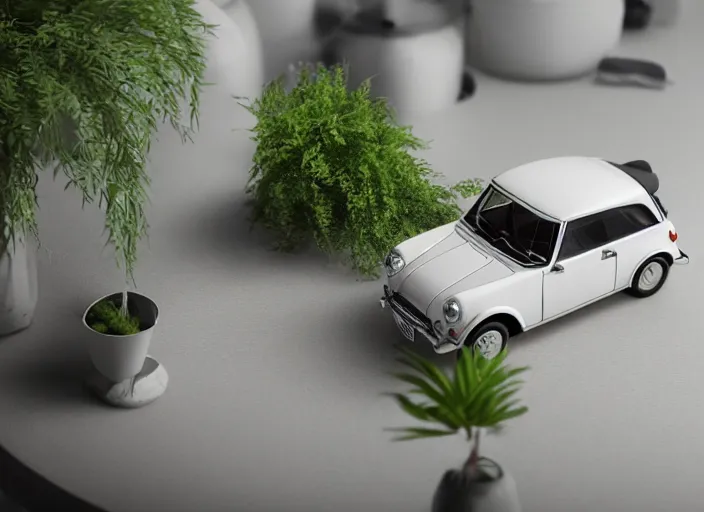 Image similar to a small miniature of a Mini Cooper S 1963 on a white table near a vase with a plant, 3d render, octane render, unreal engine 5, path tracing, serene landscape, calm, relaxing, beautiful landscape, highly detailed, high quality, 4k, symmetrical, low contrast, view from above