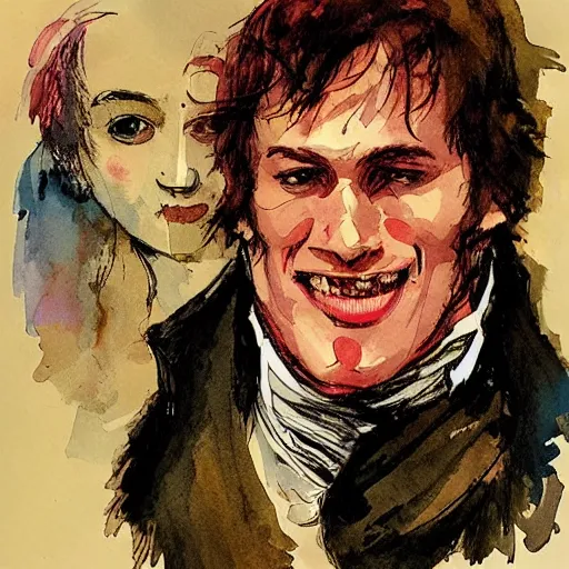 Prompt: expressive pride & prejudice by bill sienkiewicz. a beautiful illustration of a giant head. the head is bald & has a big nose. the eyes are wide open & have a crazy look. the mouth is open & has sharp teeth. the neck is long & thin.