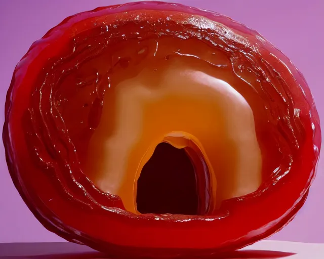 Prompt: a massive jelly sculpture of a squashed face inside a giant jelly donut floating in the ocean, in the style of johnson tsang, cinematic, funny, hyper - realistic, very detailed, realistic jelly splashes, ray tracing, 8 k resolution, long - shot, sharp focus, low angle, 8 5 mm photograph, wide lens