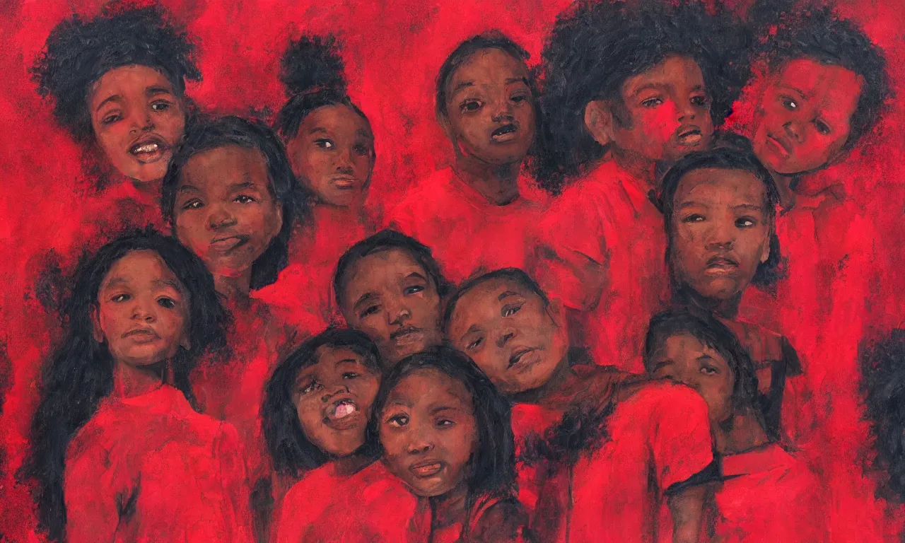 Prompt: black kids mixing with together in a cloudy red abstract background , a detailed painting by Eden Seifu, trending on artstation