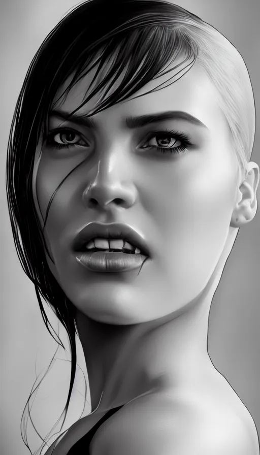 Image similar to up close portrait of a beautiful woman in black and white, photorealistic, upper body, art by diego fazio and diegoKoi and artgerm, concept art, hyper sharp focus, 8k highly detailed