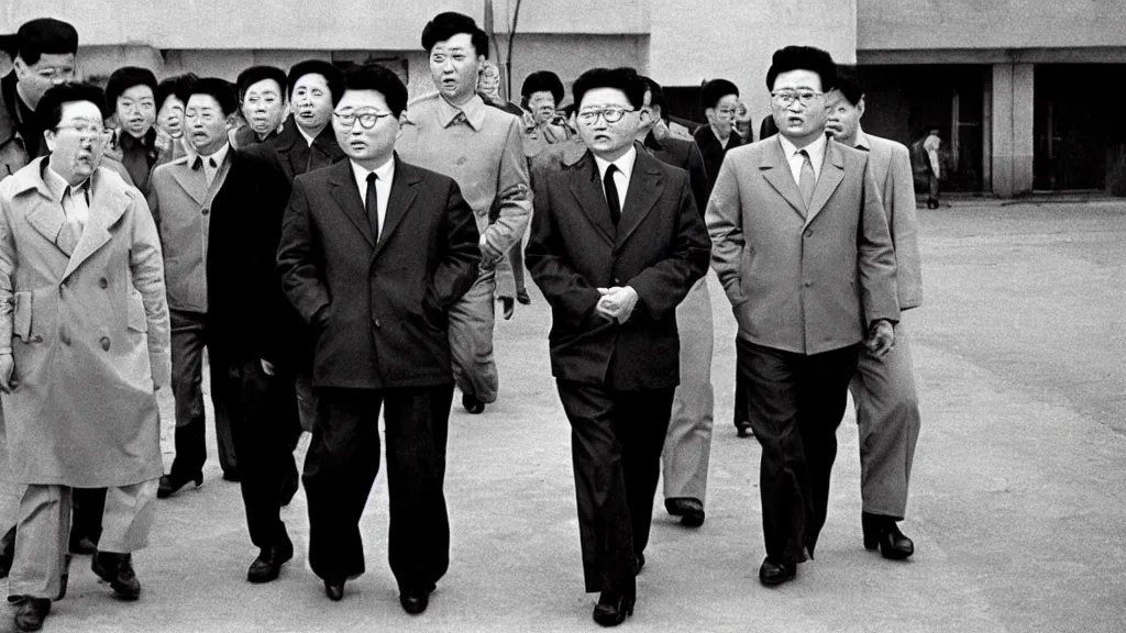 Image similar to kim jong - il walking in 1 9 6 0 s pyongyang, film noir thriller in the style of orson welles and andrei tarkovski