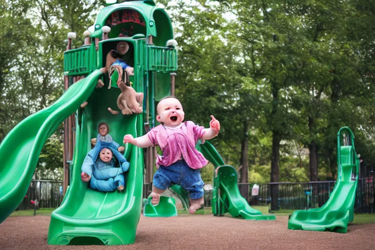 Prompt: baby-yoda!!!!!!, happy, in a playground, on a slide, arms in the air, shallow depth of field,