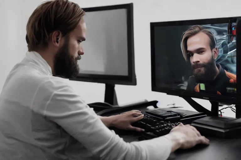 Image similar to pewdiepie on his computer gaming, photorealistic, hd, 8 k