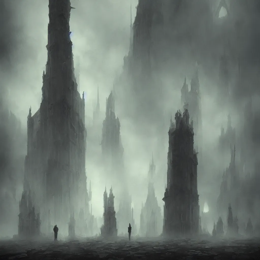 Image similar to devil, scary, magical area, foggy area, by greg rutkowski, sharp focus, man standing, tower