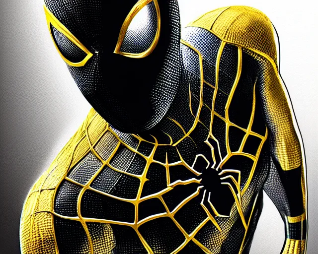 Prompt: photorealistic sketch of black spider - man with gold webbing