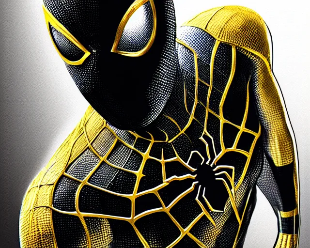 spider - man wearing a yellow symbiote suit, hd photo, | Stable Diffusion