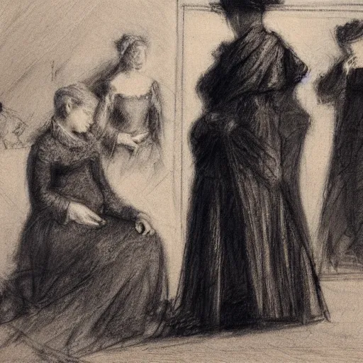 Image similar to a young woman and five man attending a funeral, by alfred stevens, charcoal