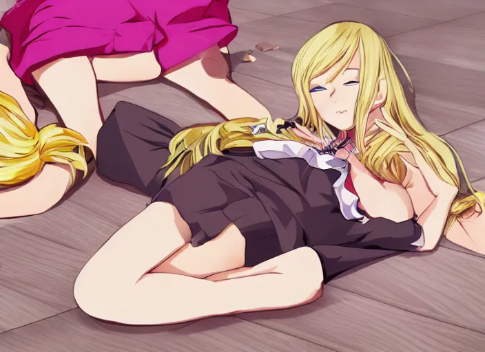 Image similar to Blonde anime girl laying on the floor drunk. Bottles are scattered around the floor.