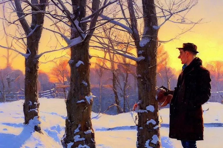 Image similar to attractive man chatting, winter, sunset, painting by vladimir volegov, norman rockwell, tom of finland, trending on artstation