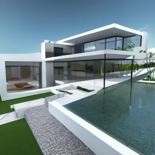 Prompt: concept sketch, 2 story contemporary house, white roof, glass walls, infinity pool