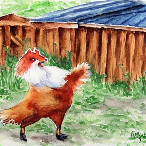 Image similar to fox dancing with a chicken in a hen house, watercolor illustration,