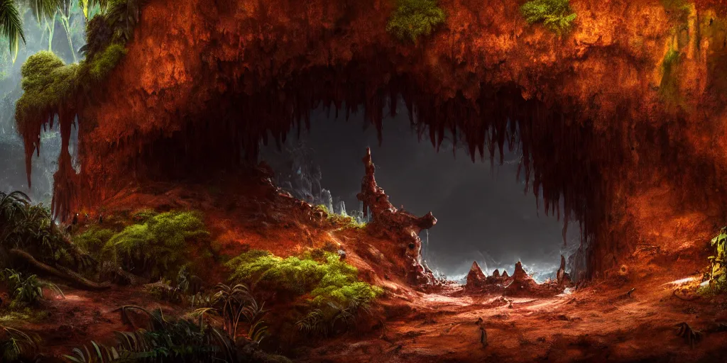 Prompt: a rusted cave mouth in the jungle, retrofutistic matte oil painting, science fantasy, chrome, salt, rpg, epic, extremely detailed, sharp focus, 4 k