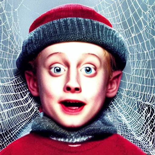 Prompt: kevin from movie home alone sitting in a basement and all body covered by spider webs