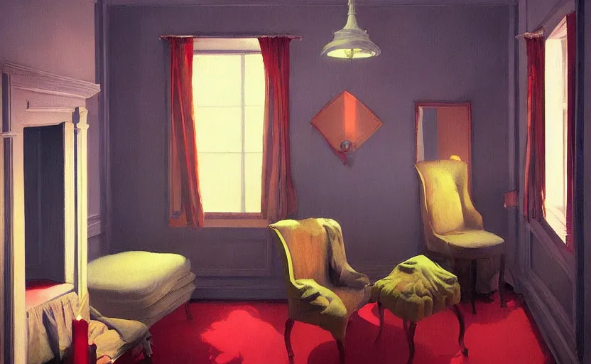 Prompt: Cozy victorian room apartment with candles, very coherent, painted by Francis Bacon and Edward Hopper, Wayne Barlowe, painted by James Gilleard, surrealism, airbrush, art by JamesJean