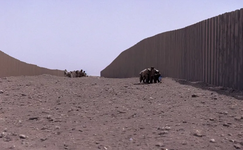 Prompt: cinematic still image of the mexican boarder wall, 5 0 foot wall, scene from 1 9 8 0 s star wars empire strikes back, 3 5 mm imax, moody iconic scene, action scene, beautiful detailed scene, color kodak, directed by kubrick