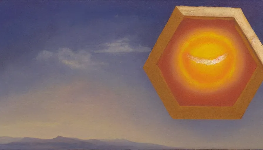 Image similar to the sun being blocked by a hexagon, earth in the foreground, oil painting