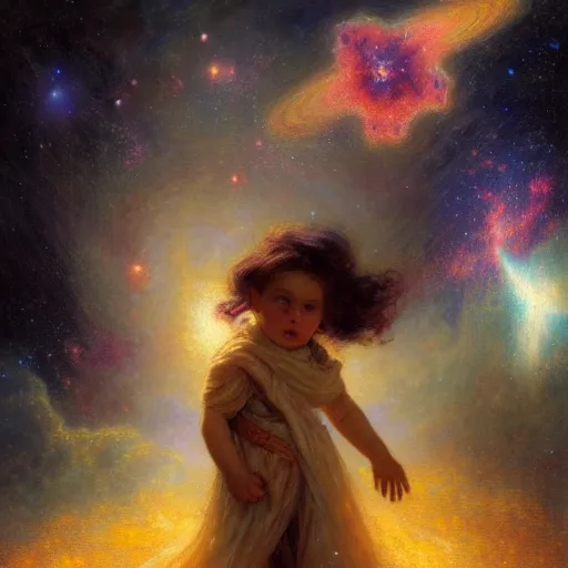 Image similar to a lonley and gloomy baby in middle of space surrounded by colorful stars planets and galaxies, high detail, by gaston bussiere, bayard wu, greg rutkowski, odd nerdrum, maxim verehin, dan dos santos, masterpiece, sharp focus, cinematic lightning