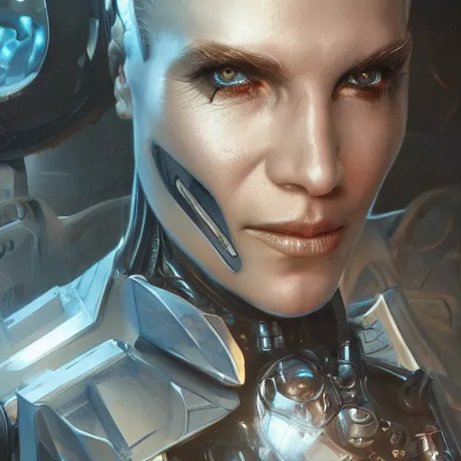 Image similar to close - up evil scifi cyborg android, ultra realistic, concept art, intricate details, serious, highly detailed, photorealistic, octane render, 8 k, unreal engine, art by todd mcfarlane and artgerm and greg rutkowski and alphonse mucha