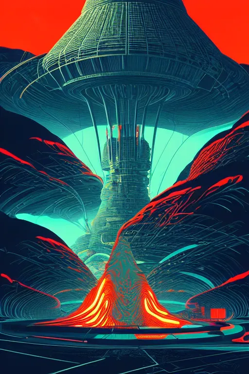 Image similar to artwork by kilian eng and toshi yoshida showing a futuristic powerstation!! in front of a ( ( exploding volcano ) ), vintage scifi, high details, dramatic lightning,, 8 k