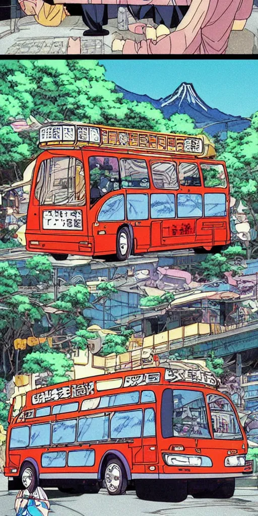 Image similar to a panda express bus in japan, 1990s anime, full color, tarot card the chariot, highly detailed