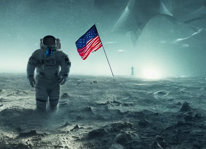 Image similar to astronaut holding a flag in an underwater desert. a submarine is visible in the distance. dark, concept art, cinematic, dramatic, atmospheric, 8 k, trending on artstation, blue, fish, low visibility, fog, ocean floor, christopher nolan, interstellar