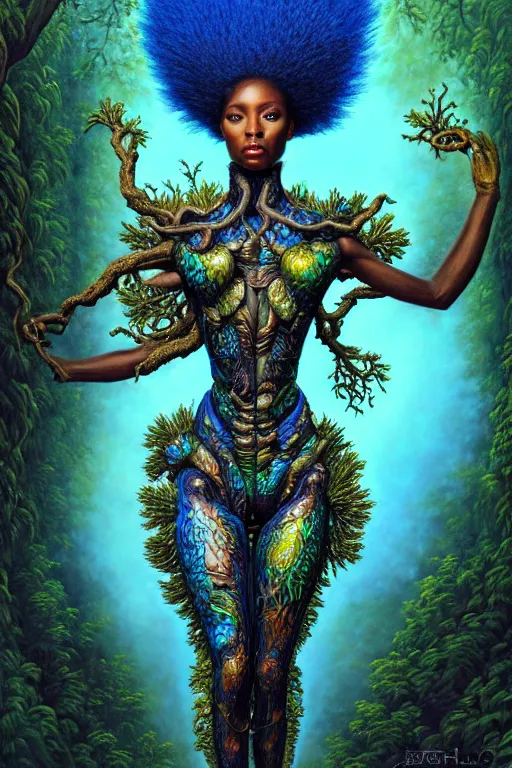 Image similar to hyperrealistic post - rococo super beautiful! black woman with exoskeleton armor, merging with tree in a forest, highly detailed digital art masterpiece smooth cam de leon hannah yata dramatic pearlescent blue teal light ground angle hd 8 k sharp focus