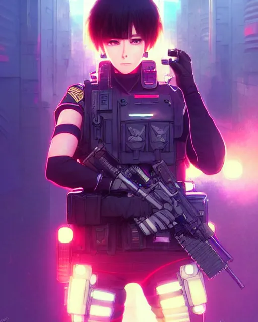 Image similar to anime key visual of a female officer, swat vest, neon, cyberpunk, futuristic, stunning, highly detailed, digital painting, smooth, soft focus, illustration, movie poster, japanese typography, digital art from artstation by artgerm and greg rutkowski and alphonse mucha