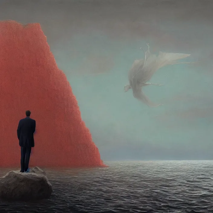 Image similar to a beautiful painting of a headless, armless man in a suit stands on the red sea by greg rutkowski and zdzisław beksinski and rene magritte, in style of digital art. hyper detailed, sharp focus, soft light. unreal engine 5. ray tracing. trending on artstation