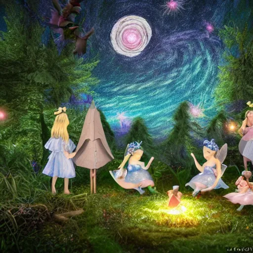 Image similar to fairies meeting in enchanted forest, starry night, art station inspired, octane render, 8 k, - hd