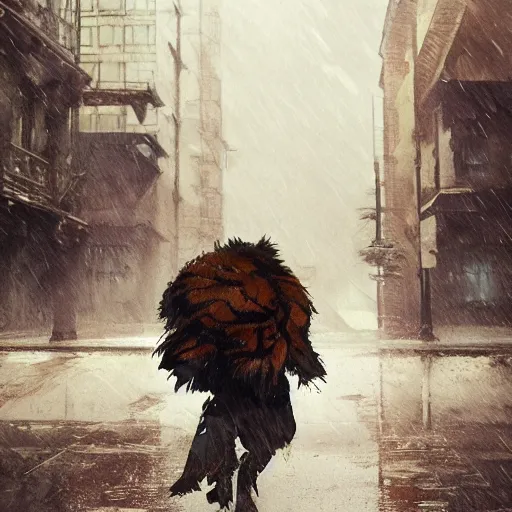 Image similar to A tiger walking in the rain, cinematic lighting, dramatic atmosphere, by Dustin Nguyen, Akihiko Yoshida, Greg Tocchini, Greg Rutkowski, Cliff Chiang, 4k resolution, trending on artstation,1900s