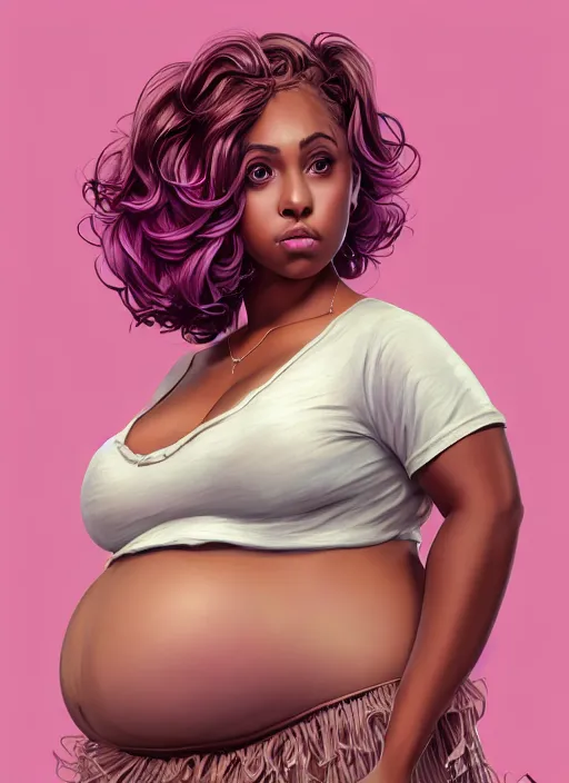 Image similar to full body portrait, teenage vanessa morgan, pink hair, brown skin, obese, curly pixie hair, sultry, realistic, short hair, hoop earrings, skirt, shirt, fat, belly, intricate, elegant, highly detailed, digital painting, artstation, concept art, smooth, sharp focus, illustration, art by wlop, mars ravelo and greg rutkowski