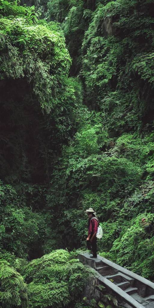 Image similar to canyon in oregon, old man on stone stairway in between highrise flats, overgrown lush plants, atmospheric, cinematic, beautiful low light by studio ghibli octane render 8k